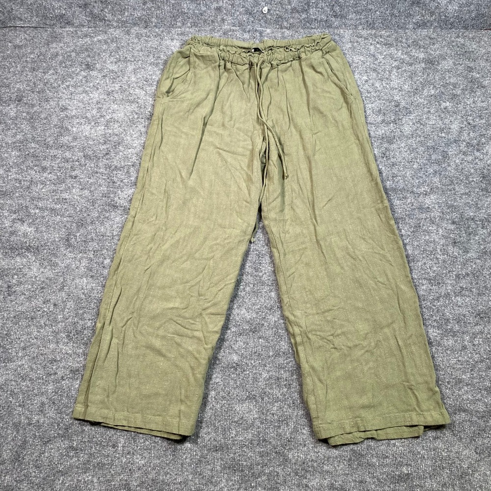 n/t Olive Green Linen Blend Wide Leg Drawstring Pants Made in LA Womens Large